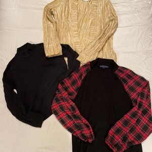 Set of 3 Brand Name Long Sleeve Tops -  Gold, Black, and Red Plaid